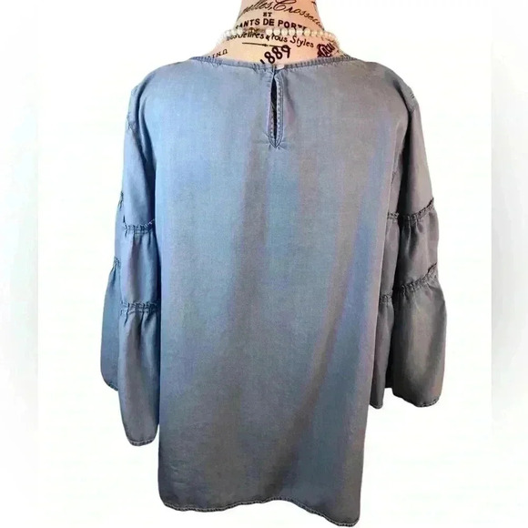 J Jill Denim Chambray Blouse XL Double Bell Sleeves Button Back 3/4 sleeves - Picture 2 of 5